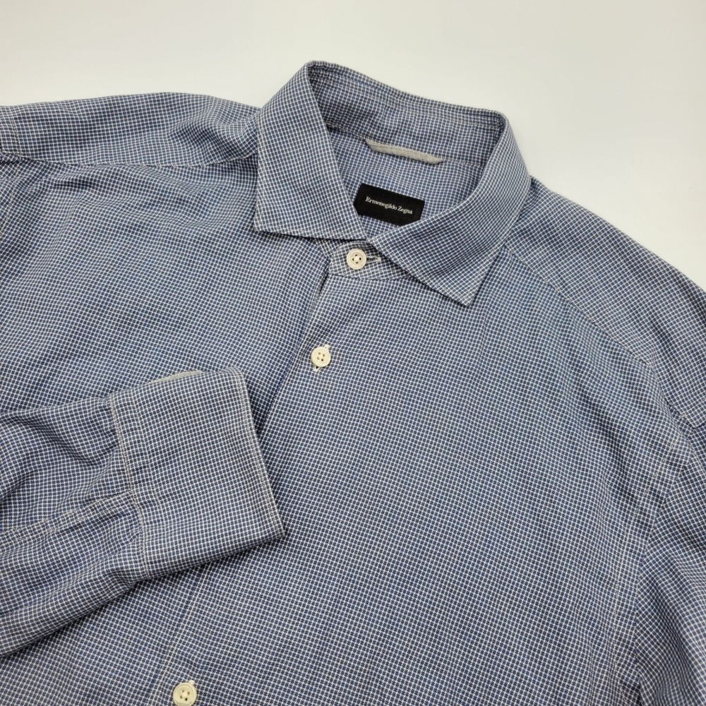 Ermenegildo Zegna Mens Blue White Micro Check Cotton Dress Shirt Large L